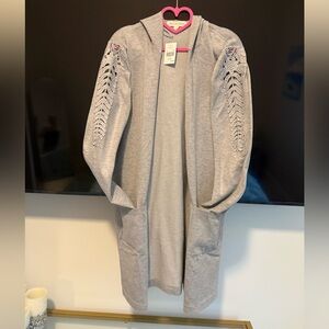 Chic Gray Women's Cardigan with hood and Lace Accents NWT
